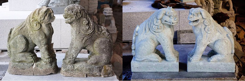 古い笏谷石の狛犬、風化により再現彫刻